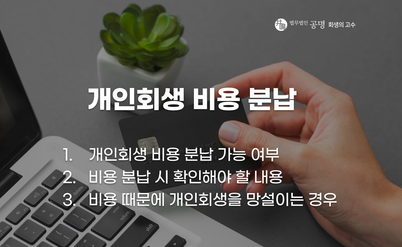 개인회생 비용 분납 방법과 수임료, 법원 비용, 진행 비용 확인 사항을 정리한 이미지