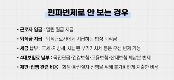 편파변제로 보지 않는 대표적인 항목 예시로 임금, 퇴직금, 세금, 4대보험, 회생·파산 절차 비용을 정리한 이미지